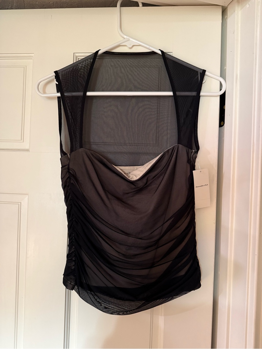 Abercrombie Black Sheer Mesh Overlay Ruched Tank Top